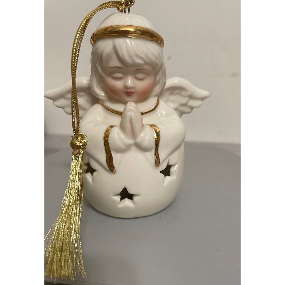 Lenox Light Up Praying Angel Ornament Ivory Porcelain Gold Trim Star Cutouts